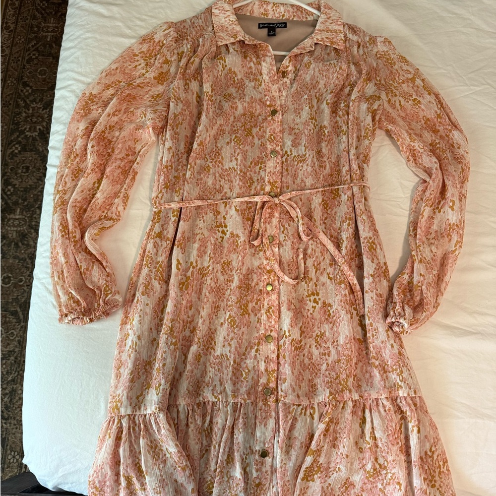 Floral Long-Sleeve Button-Front Dress with Tie Waist